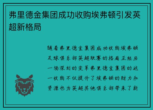 弗里德金集团成功收购埃弗顿引发英超新格局 弗里德金集团成功收购埃弗顿引发英超新格局